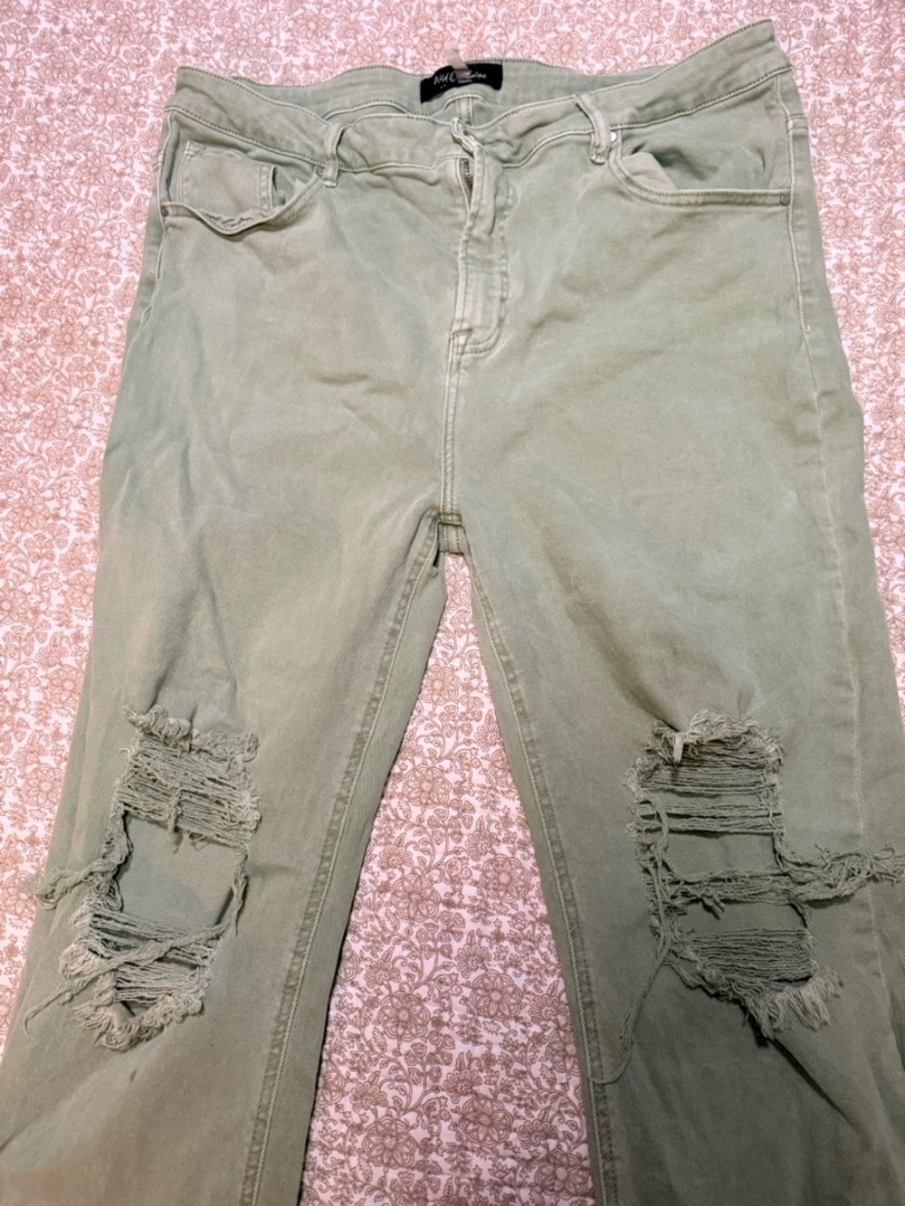 Risen Jeans Women’s Boyfriend Jeans in Sage Green - Distressed Knee Detail